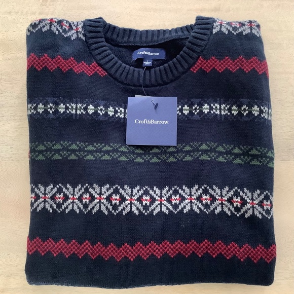 Croft & Barrow Men’s Navy Blue Fair Isle Crewneck Sweater - Size L - Picture 1 of 8